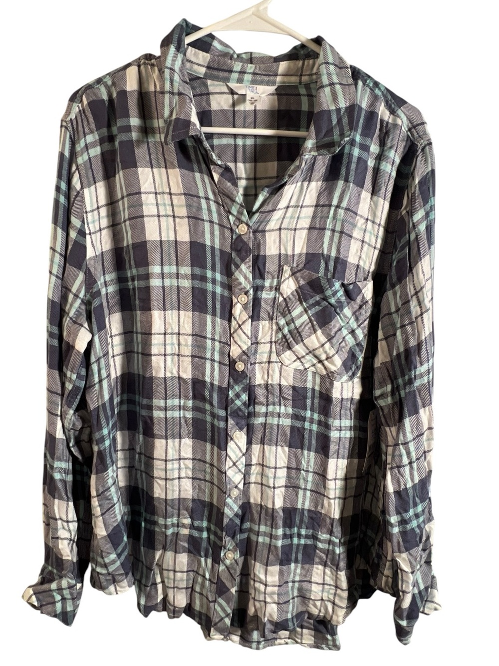 Time and Tru Womens Size XL 16-18 Button Down Shirt Flannel Paid White Blue Teal